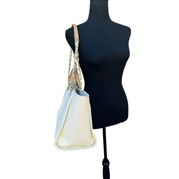 Chanel Beige Canvas & Leather Chain Tote Bag With Dual Handles & Logo Embroidery - Picture 5 of 16